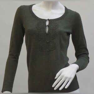 Ann Taylor Loft Merino Wool Blend Sweater Lightweight Embroidered Forest Green S